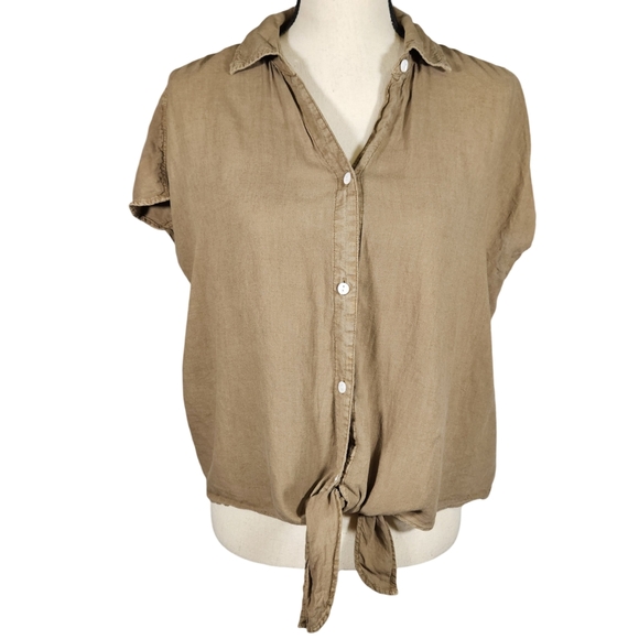 Wonderly Tops - Wonderly Linen Blend Button Up Tie Front Blouse, Army Green, Large